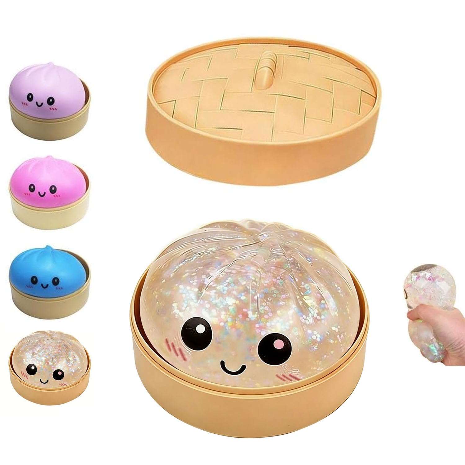 Dumpling Squishies Toy, Giant Glitter Dumpling, Colorful Dumplings Stress Balls Fidget Sensory Toy,Soft Squeeze Decompression Dough with Food Steamer, Stretchy Desk Toys (Purple) - Tactile Play Treat