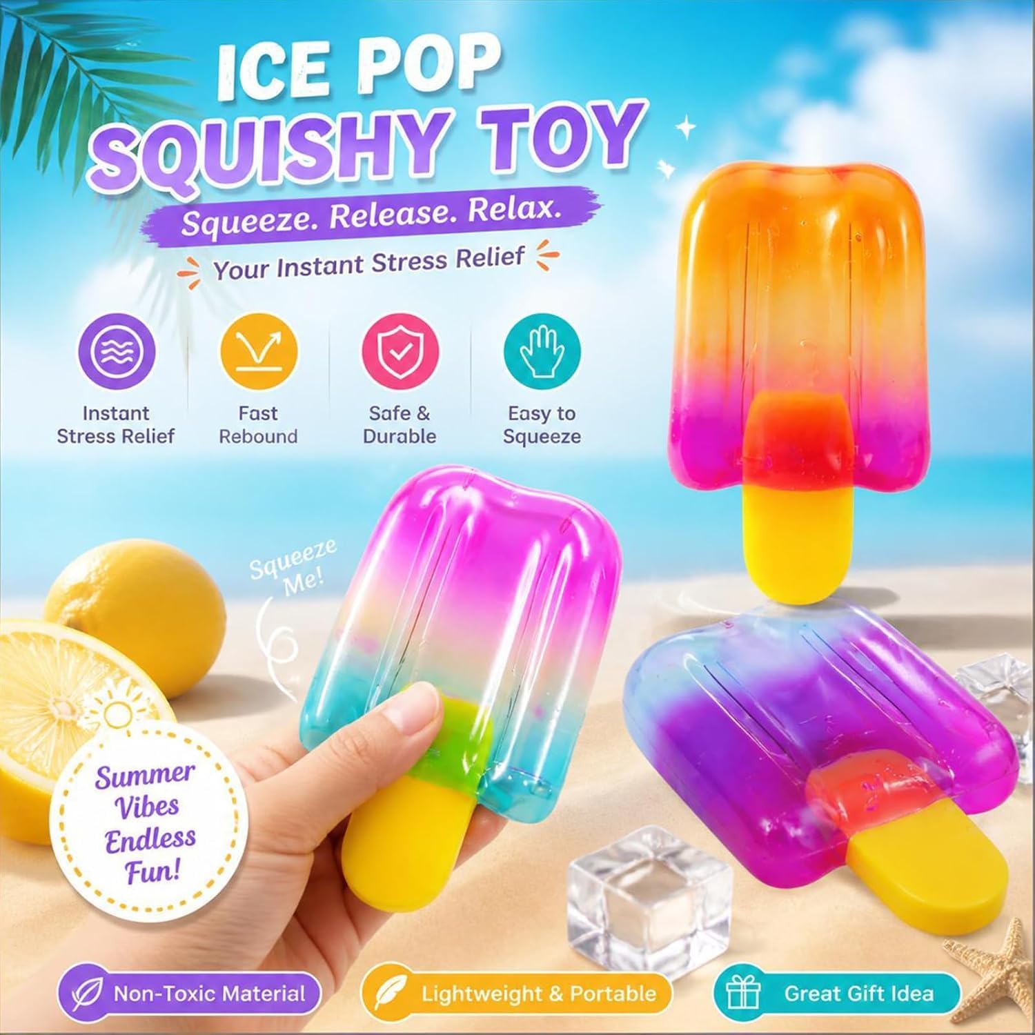 Ice Cream Squeeze Stress Relief Toy, Summer Sensory Stress Reduction & Anxiety Relief - Friendly Ice Squish