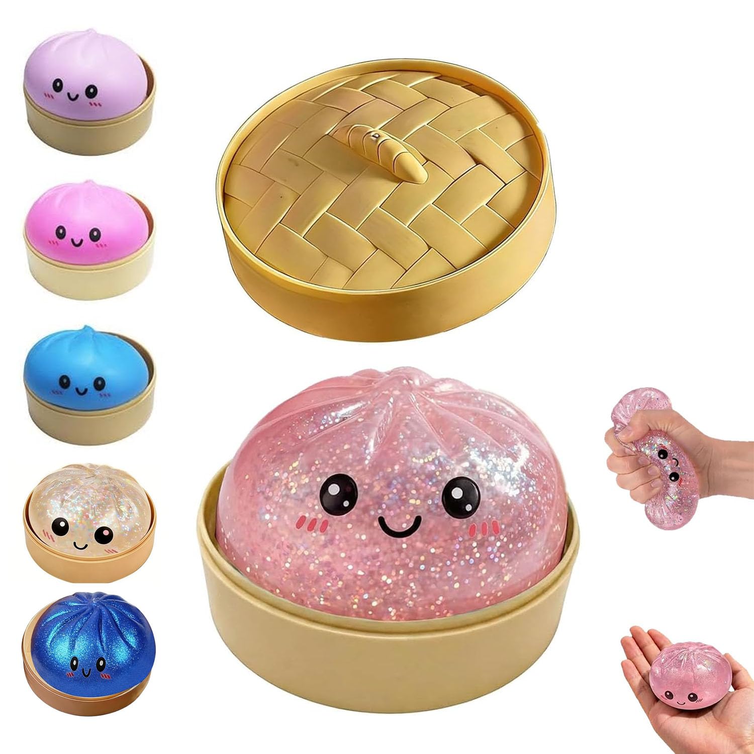 Dumpling Squishies Toy, Giant Glitter Dumpling, Colorful Dumplings Stress Balls Fidget Sensory Toy,Soft Squeeze Decompression Dough with Food Steamer, Stretchy Desk Toys (Purple) - Tactile Play Treat