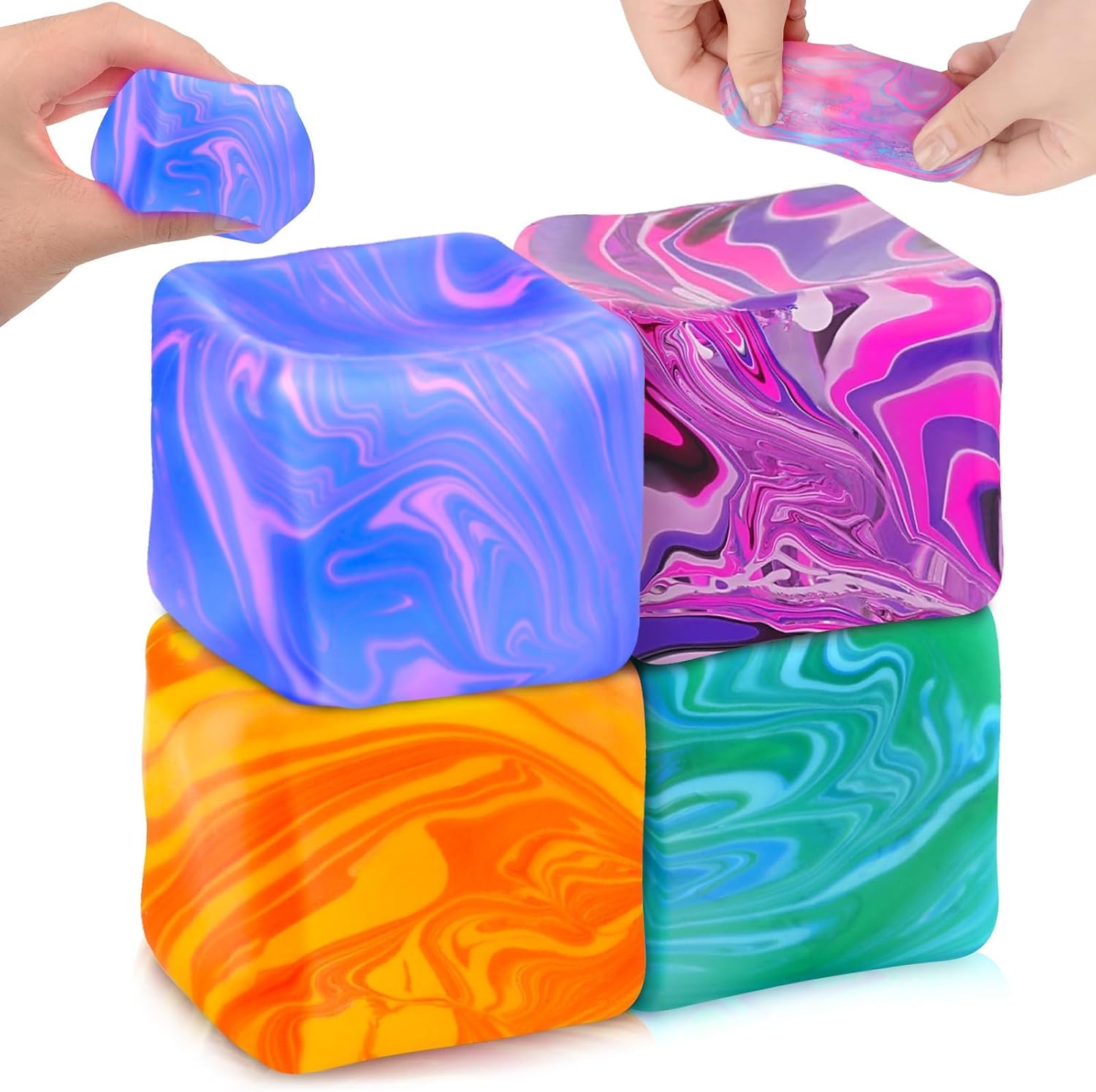 4Pcs Needoh-Nice Squishy Cube, Ice Cube Stress Relief Fidget Toys, Squeeze Doh Cube Squishy Fidget Toys for Kids Adults, Sensory Stress Balls for Autism Anxiety Relief (small) - Colorful Cube Squish