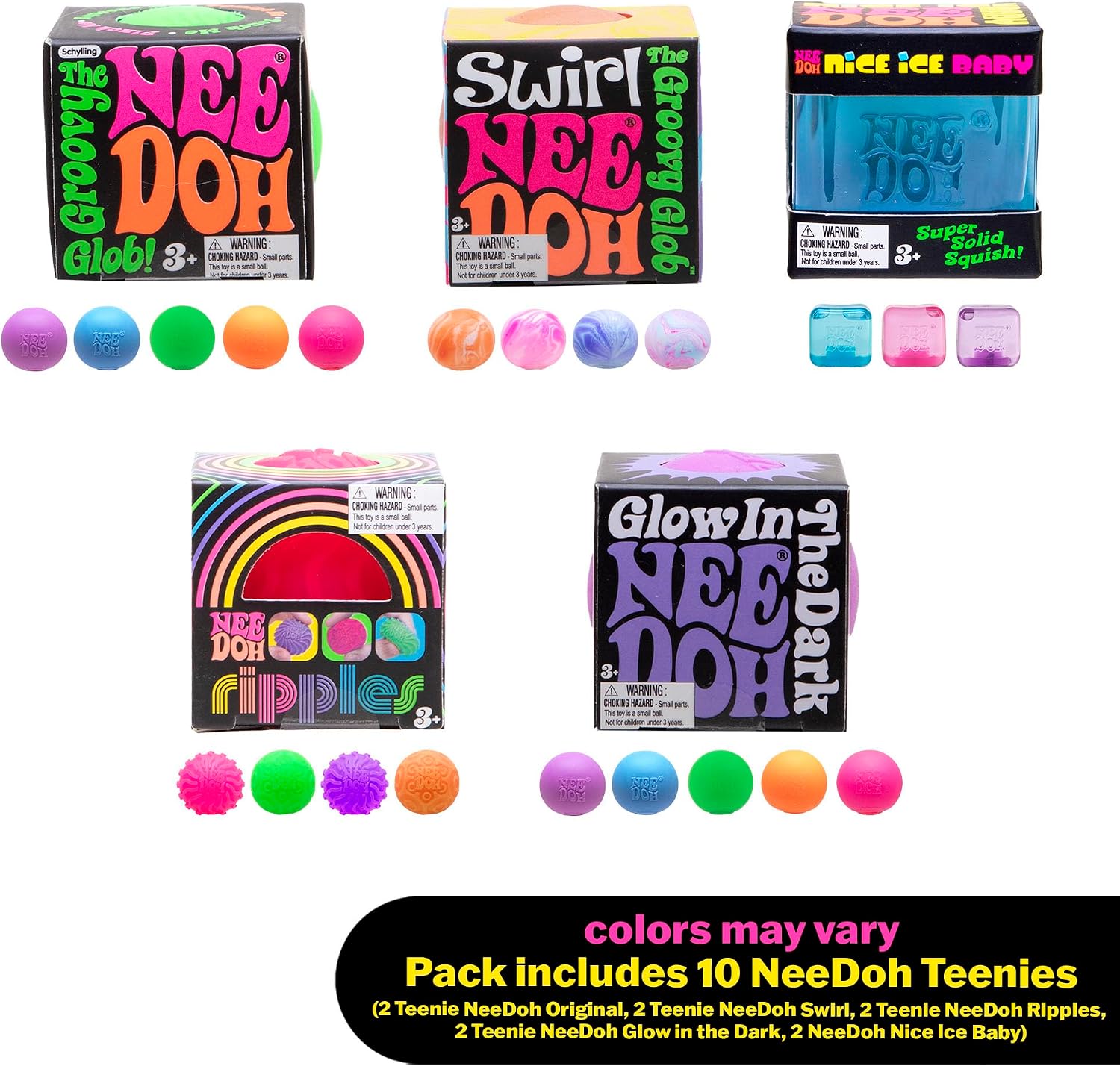 NeeDoh Teenie 10-Pack - 5 Styles of Teenie Squishies- Nice Ice Baby, Original, Swirl, Ripples, Glow - Ages 3 and Up - 10 Teenies Per Pack - Soft Cube