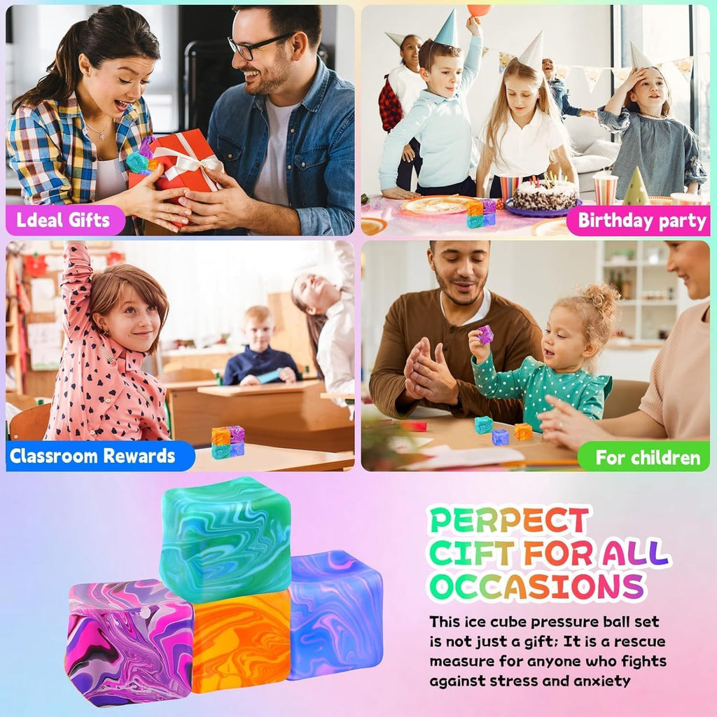 4Pcs Needoh-Nice Squishy Cube, Ice Cube Stress Relief Fidget Toys, Squeeze Doh Cube Squishy Fidget Toys for Kids Adults, Sensory Stress Balls for Autism Anxiety Relief (small) - Happy Desk Cube