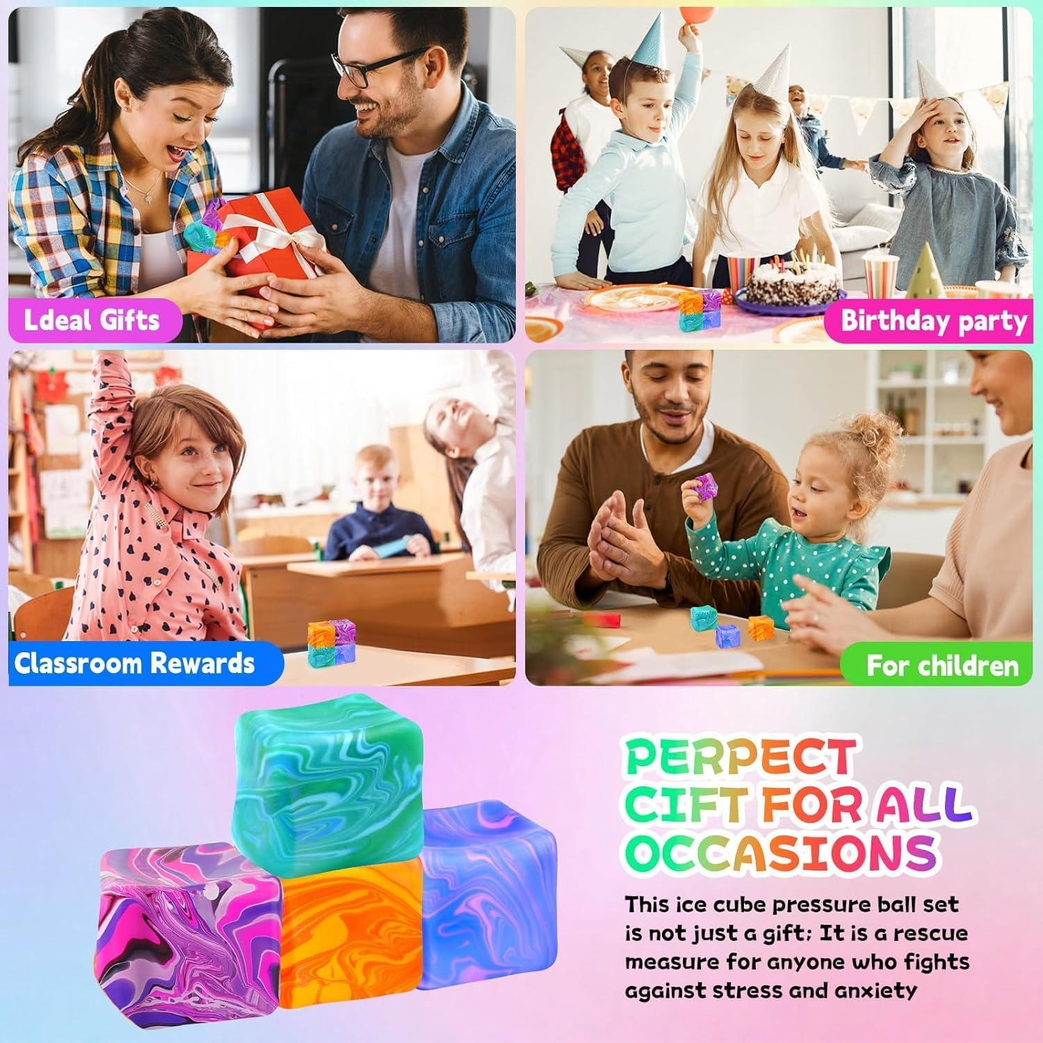 4Pcs Needoh-Nice Squishy Cube, Ice Cube Stress Relief Fidget Toys, Squeeze Doh Cube Squishy Fidget Toys for Kids Adults, Sensory Stress Balls for Autism Anxiety Relief (small) - Colorful Cube Squish